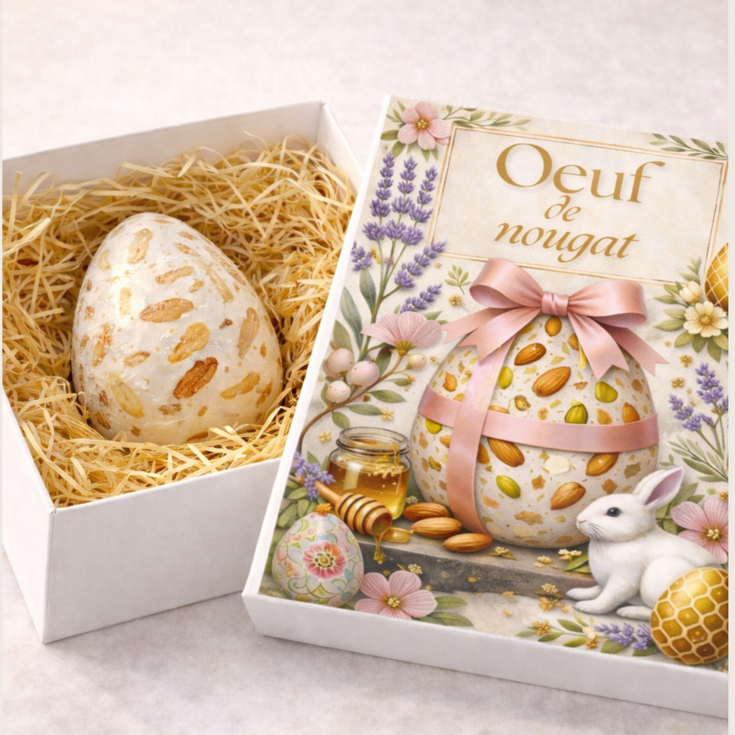 Gros Œuf de Nougat Blanc Tendre garni de Calamandes